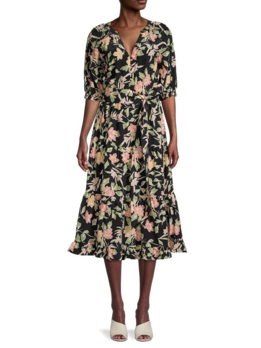 Yumi Kim Simone Floral Tiered Short Sleeve Dress Size S Small Brown Multi